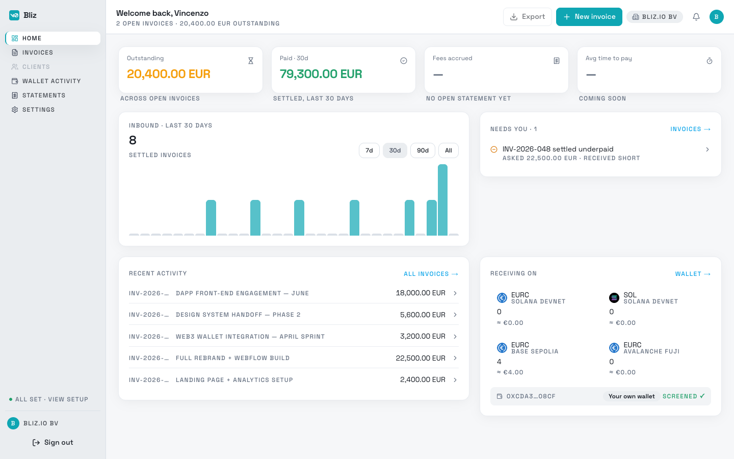 Bliz dashboard - invoices, settlement, fee accrual, and reconciliation for an agency