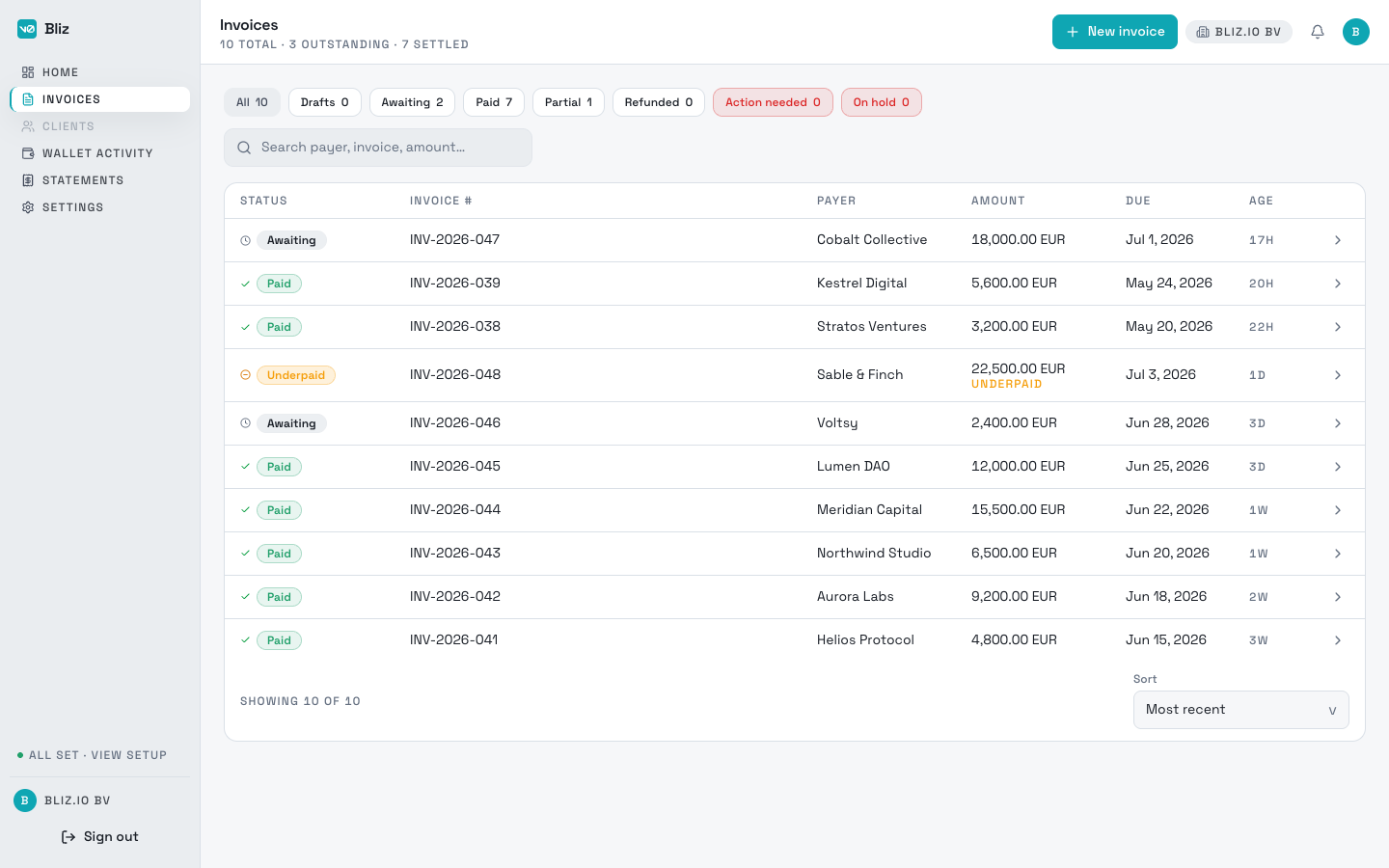 Bliz invoices - a list of client invoices with paid, awaiting, and underpaid status across stablecoins