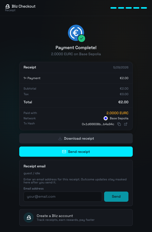 Bliz receipt - on-chain verified payment with transaction hash and download options