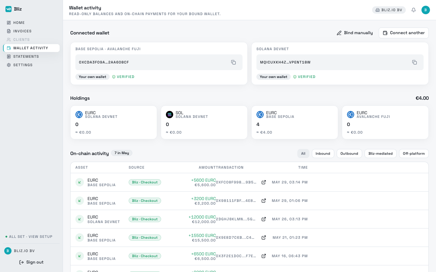 Bliz wallet - non-custodial settlement balances and on-chain payments across stablecoins and chains